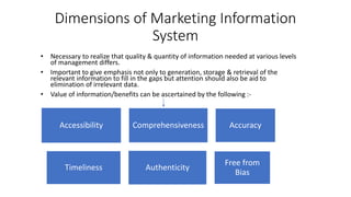 Dimensions of Marketing Information
System
• Necessary to realize that quality & quantity of information needed at various levels
of management differs.
• Important to give emphasis not only to generation, storage & retrieval of the
relevant information to fill in the gaps but attention should also be aid to
elimination of irrelevant data.
• Value of information/benefits can be ascertained by the following :-
Accessibility Comprehensiveness Accuracy
Timeliness Authenticity
Free from
Bias
 