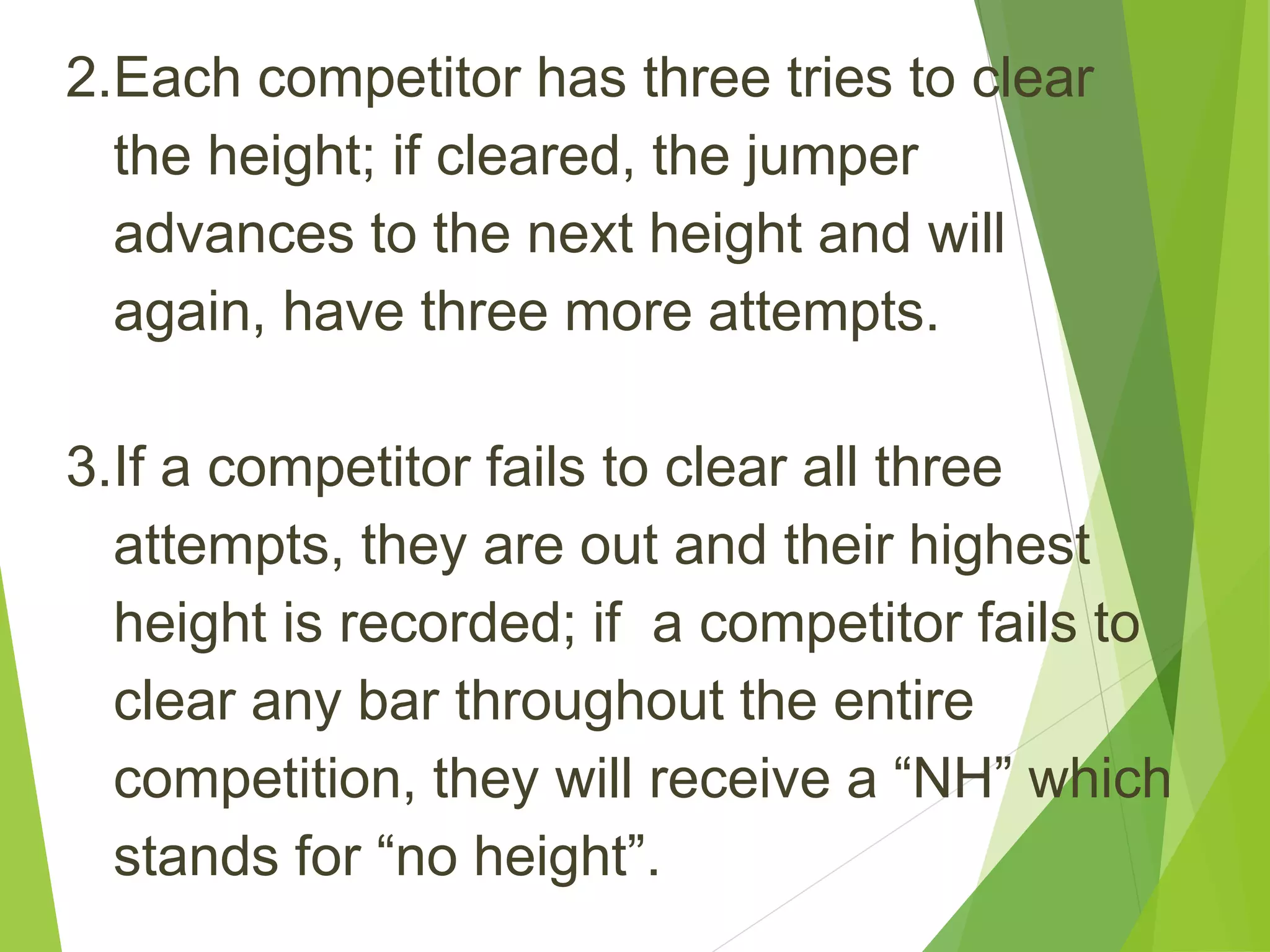 Dimensions of pit and rules and regulations of pole vault PPT