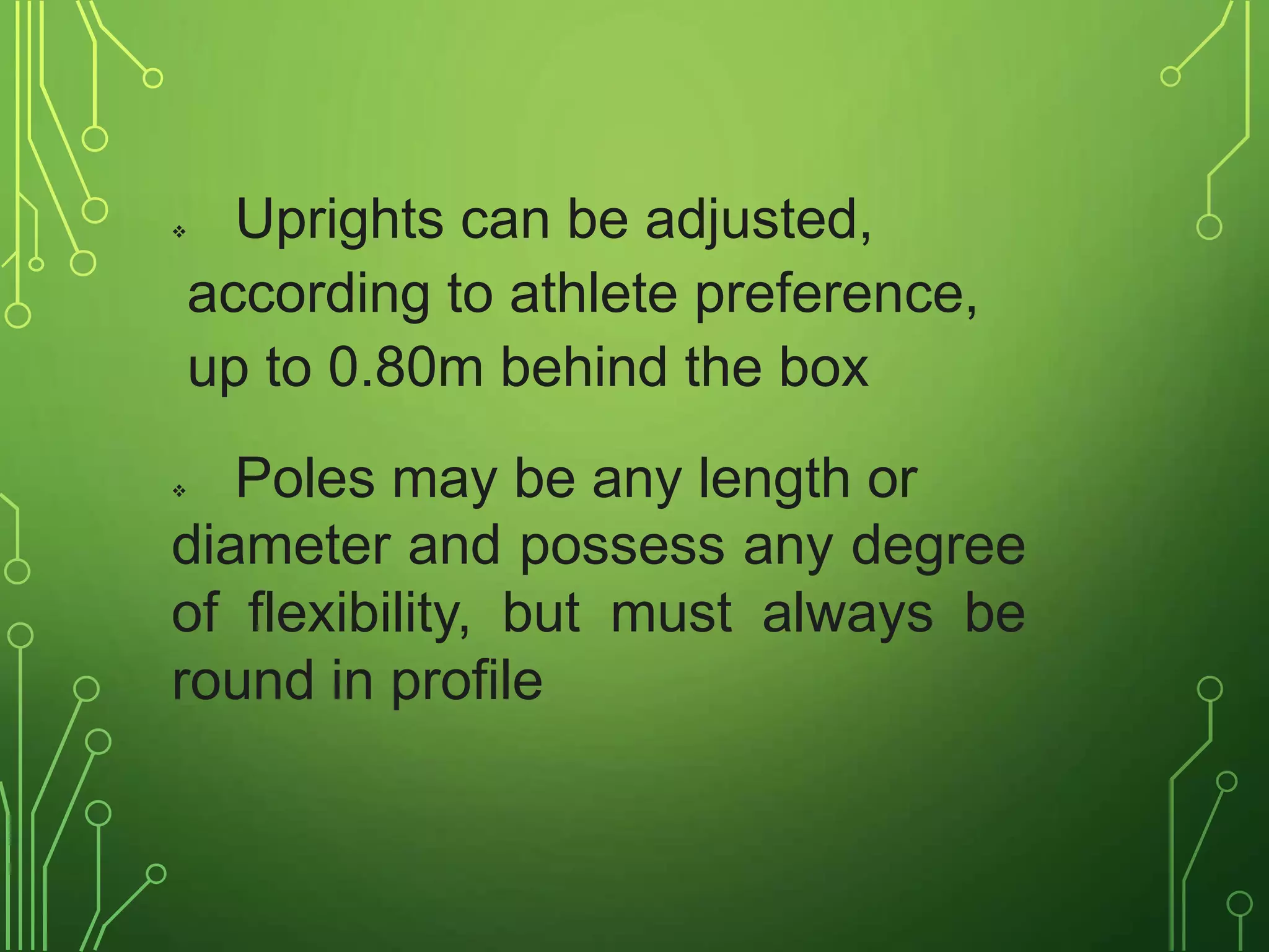 Dimensions of pit and rules and regulations of pole vault PPT