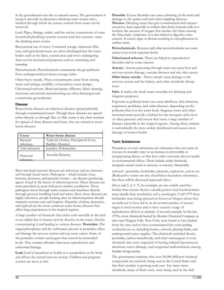 in the groundwater was due to natural causes. The government is        Fluoride. Excess fluorides can cause yellowing of the teeth and
trying to provide an alternative drinking water source and a           damage to the spinal cord and other crippling diseases.
method through which the arsenic content from water can be             Nitrates. Drinking water that gets contaminated with nitrates
removed.                                                               can prove fatal especially to infants that drink formula milk as it
Lead. Pipes, fittings, solder, and the service connections of some     restricts the amount of oxygen that reaches the brain causing
                                                                       the ‘blue baby’ syndrome. It is also linked to digestive tract
household plumbing systems contain lead that contami- nates
                                                                       cancers. It causes algae to bloom resulting in eutrophication in
the drinking water source.                                             surface water.
Recreational use of water. Untreated sewage, industrial efflu-         Petrochemicals. Benzene and other petrochemicals can cause
ents, and agricultural waste are often discharged into the water       cancer even at low exposure levels.
bodies such as the lakes, coastal areas and rivers endangering
                                                                       Chlorinated solvents. These are linked to reproduction
their use for recreational purposes such as swimming and
                                                                       disorders and to some cancers.
canoeing.
                                                                       Arsenic. Arsenic poisoning through water can cause liver and
Petrochemicals. Petrochemicals contaminate the groundwater
                                                                       nervous system damage, vascular diseases and also skin cancer.
from underground petroleum storage tanks.
                                                                       Other heavy metals. –Heavy metals cause damage to the
Other heavy metals. These contaminants come from mining
                                                                       nervous system and the kidney, and other metabolic disrup-
waste and tailings, landfills, or hazardous waste dumps.
                                                                       tions.
Chlorinated solvents. Metal and plastic effluents, fabric cleaning,
electronic and aircraft manufacturing are often discharged and         Salts. It makes the fresh water unusable for drinking and
                                                                       irrigation purposes.
contaminate groundwater.
                                                                       Exposure to polluted water can cause diarrhoea, skin irritation,
Disease                                                                respiratory problems, and other diseases, depending on the
Water-borne diseases are infectious diseases spread primarily          pollutant that is in the water body. Stagnant water and other
through contaminated water. Though these diseases are spread           untreated water provide a habitat for the mosquito and a host
either directly or through flies or filth, water is the chief medium   of other parasites and insects that cause a large number of
for spread of these diseases and hence they are termed as water-       diseases especially in the tropical regions. Among these, malaria
borne diseases.                                                        is undoubtedly the most widely distributed and causes most
                                                                       damage to human health.
     Cause              Water-borne disease
     Bacterial          Typhoid, Cholera, Paratyphoid Fever,
                                                                       Toxic Substances
     infections         Bacillary Dysentry
     Viral infections   Jaundice, Poliomyelitis                        Hazardous or toxic substances are substances that can cause an
                                                                       increase in mortality rates or an increase in irreversible or
     Protozoal          Amoebic Dysentry                               incapacitating illness, or that have other seriously adverse health
     infections                                                        or environmental effects. These include acidic chemicals,
                                                                       inorganic metals (such as mercury or arsenic), flammable
Most intestinal (enteric) diseases are infectious and are transmit-    solvents’, pesticides, herbicides, phenols, explosives, and so on.
ted through faecal waste. Pathogens – which include virus,             (Radioactive wastes are also classified as hazardous substances,
bacteria, protozoa, and parasitic worms – are disease-producing        but these will be discussed separately later.)
agents found in the faeces of infected persons. These diseases are
more prevalent in areas with poor sanitary conditions. These           Silvex and 2, 4, 5- T, for example, are two widely used her-
pathogens travel through water sources and interfuses directly         bicides that contain dioxin-a deadly poison (one hundred times
through persons handling food and water. Since these diseases are      more deadly than strychnine) and a carcinogen. Until 1979 these
highly infectious, people looking after an infected patient should     herbicides were being sprayed on forests in Oregon where they
maintain extreme care and hygiene. Hepatitis, cholera, dysentery,      are believed to have led to an ab-normal number of miscar-
and typhoid are the more common water-borne diseases that              riages in local women and to have caused a range of
affect large populations in the tropical regions.
                                                                       reproductive defects in animals. A second example: In the late
A large number of chemicals that either exist naturally in the land    1970s, toxic chemicals buried by Hooker Chemical Company at
or are added due to human activity dissolve in the water, thereby      sites near Niagara Falls. New York, were found to have leaked
contaminating it and leading to various diseases. Pesticides. The      from the sites and to have contaminated the surrounding
organophosphates and the carbonates present in pesticides affect       residential are as, including homes, schools, playing fields, and
and damage the nervous system and can cause cancer. Some of            underground water supplies. The chemicals included dioxin,
the pesticides contain carcinogens that exceed recommended             pesticides, carbon tetrachloride, and other carcinogenic or toxic
levels. They contain chlorides that cause reproductive and             chemicals that were suspected of having induced spontaneous
endocrinal damage.                                                     abortions, nerve damage, and congenital malformations among
Lead. Lead is hazardous to health as it accumulates in the body        families living nearby.
and affects the central nervous system. Children and pregnant          The government estimates that over 58,000 different chemical
women are most at risk.                                                compounds are currently being used in the United States and
                                                                       that their number is growing each year. Ten times more
                                                                       chemicals, many of them toxic, were being used in the mid-

36                                                                                                                                  11.292
 
