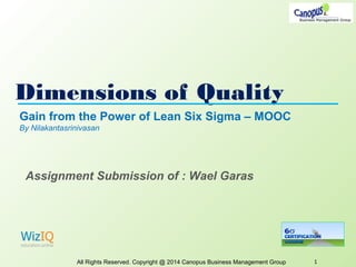 Dimensions of Quality
All Rights Reserved. Copyright @ 2014 Canopus Business Management Group 1
Gain from the Power of Lean Six Sigma – MOOC
By Nilakantasrinivasan
Assignment Submission of : Wael Garas
 