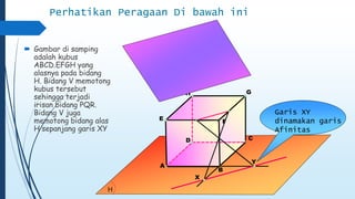 Perhatikan Peragaan Di bawah ini 
H 
E 
A 
G 
F 
D 
B 
C 
H 
Garis XY 
dinamakan garis 
Afinitas 
X 
Y 
 Gambar di samping 
adalah kubus 
ABCD.EFGH yang 
alasnya pada bidang 
H. Bidang V memotong 
kubus tersebut 
sehingga terjadi 
irisan bidang PQR. 
Bidang V juga 
memotong bidang alas 
H sepanjang garis XY 
 