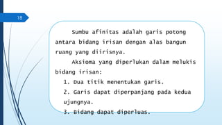 18 
Sumbu afinitas adalah garis potong 
antara bidang irisan dengan alas bangun 
ruang yang diirisnya. 
Aksioma yang diperlukan dalam melukis 
bidang irisan: 
1. Dua titik menentukan garis. 
2. Garis dapat diperpanjang pada kedua 
ujungnya. 
3. Bidang dapat diperluas. 
 
