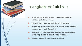1. Pilih dua titik pada bidang irisan yang terletak 
sebidang pada bangun ruang. 
2. Lukislah garis yang melalui dua titik tersebut. 
3. Perpanjang garis-garis pada alas bangun ruang sehingga 
memotong garis pada langkah 2. 
4. Hubungkan 2 titik baru pada bidang alas bangun ruang. 
Garis yang diperoleh adalah sumbu afinitas. 
5. Lengkapi gambar irisan bidang tersebut. 
 