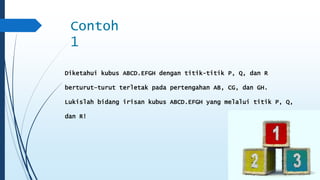 Contoh 
1 
Diketahui kubus ABCD.EFGH dengan titik-titik P, Q, dan R 
berturut–turut terletak pada pertengahan AB, CG, dan GH. 
Lukislah bidang irisan kubus ABCD.EFGH yang melalui titik P, Q, 
dan R! 
 