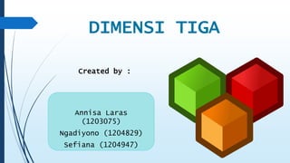 DIMENSI TIGA 
Created by : 
Annisa Laras 
(1203075) 
Ngadiyono (1204829) 
Sefiana (1204947) 
 