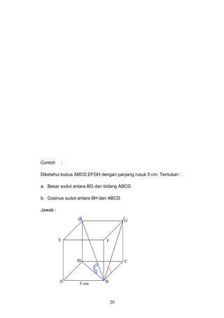 Contoh :
Diketahui kubus ABCD.EFGH dengan panjang rusuk 5 cm. Tentukan :
a. Besar sudut antara BG dan bidang ABCD
b. Cosinus sudut antara BH dan ABCD
Jawab :
20
A B
CD
E F
GH
5 cm
 