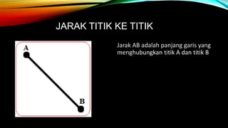 JARAK TITIK KE TITIK
Jarak AB adalah panjang garis yang
menghubungkan titik A dan titik B
 