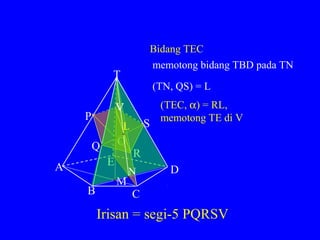 T
A
B C
D
E
P
Q
S
R
V
Bidang TEC
memotong bidang TBD pada TN
M
O
(TEC, α) = RL,
memotong TE di V
N
(TN, QS) = L
LLL
VV
Irisan = segi-5 PQRSV
 