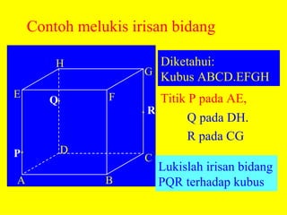 Contoh melukis irisan bidang A B C D E F G H Diketahui:  Kubus ABCD.EFGH Titik P pada AE, Lukislah irisan bidang PQR terhadap kubus Q pada DH .  R pada CG  P  Q  R 