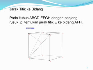 A
B
C
D
E
F
G
H
I
IE = 2.30940
13
Jarak Titik ke Bidang
Pada kubus ABCD.EFGH dengan panjang
rusuk p, tentukan jarak titik E ke bidang AFH.
 