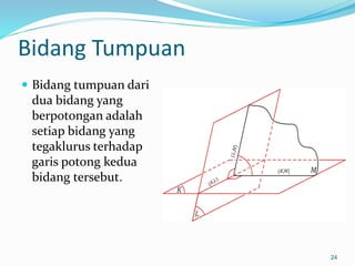 Bidang Tumpuan
 Bidang tumpuan dari
dua bidang yang
berpotongan adalah
setiap bidang yang
tegaklurus terhadap
garis potong kedua
bidang tersebut.
24
 