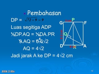 19
Pembahasan
Q
6√2
cm
R
P
A
D
G F
6 cm
3 cm
DP =
Luas segitiga ADP
½DP.AQ = ½DA.PR
9.AQ = 6.6√2
AQ = 4√2
Jadi jarak A ke DP = 4√2 cm
9
9
72 

4
 