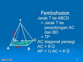 25
Pembahasan
Jarak T ke ABCD
= Jarak T ke
perpotongan AC
dan BD
= TP
AC diagonal persegi
AC = 8√2
AP = ½ AC = 4√2
8 cm
T
C
A B
D P
 