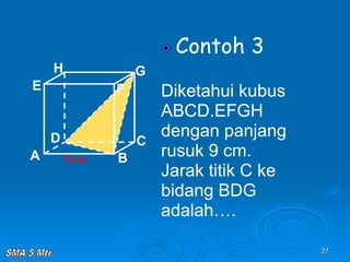 27
Contoh 3
Diketahui kubus
ABCD.EFGH
dengan panjang
rusuk 9 cm.
Jarak titik C ke
bidang BDG
adalah….
A B
C
D
H
E F
G
9 cm
 