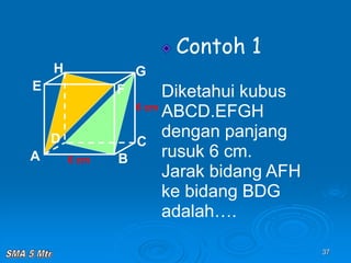 37
Contoh 1
Diketahui kubus
ABCD.EFGH
dengan panjang
rusuk 6 cm.
Jarak bidang AFH
ke bidang BDG
adalah….
A B
C
D
H
E F
G
6 cm
6 cm
 