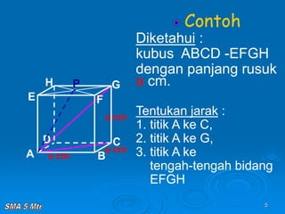 5
Contoh
Diketahui :
kubus ABCD -EFGH
dengan panjang rusuk
a cm.
Tentukan jarak :
1. titik A ke C,
2. titik A ke G,
3. titik A ke
tengah-tengah bidang
EFGH
A B
C
D
H
E F
G
a cm
a cm
a cm
P
 