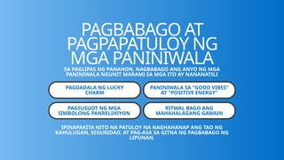 PAGBABAGO AT
PAGPAPATULOY NG
MGA PANINIWALA
SA PAGLIPAS NG PANAHON, NAGBABAGO ANG ANYO NG MGA
PANINIWALA NGUNIT MARAMI SA MGA ITO AY NANANATILI
PAGDADALA NG LUCKY
CHARM
PAGSUSUOT NG MGA
SIMBOLONG PANRELIHIYON
PANINIWALA SA "GOOD VIBES"
AT "POSITIVE ENERGY"
RITWAL BAGO ANG
MAHAHALAGANG GAWAIN
IPINAPAKITA NITO NA PATULOY NA NAGHAHANAP ANG TAO NG
KAHULUGAN, SEGURIDAD, AT PAG-ASA SA GITNA NG PAGBABAGO NG
LIPUNAN.
 