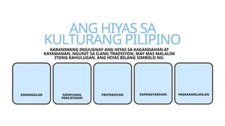ANG HIYAS SA
KULTURANG PILIPINO
KARANIWANG INIUUGNAY ANG HIYAS SA KAGANDAHAN AT
KAYAMANAN, NGUNIT SA ILANG TRADISYON, MAY MAS MALALIM
ITONG KAHULUGAN. ANG HIYAS BILANG SIMBOLO NG:
KARANGALAN KATAYUANG
PANLIPUNAN
PROTEKSIYON KAPANGYARIHAN PAGKAKAKILANLAN
 
