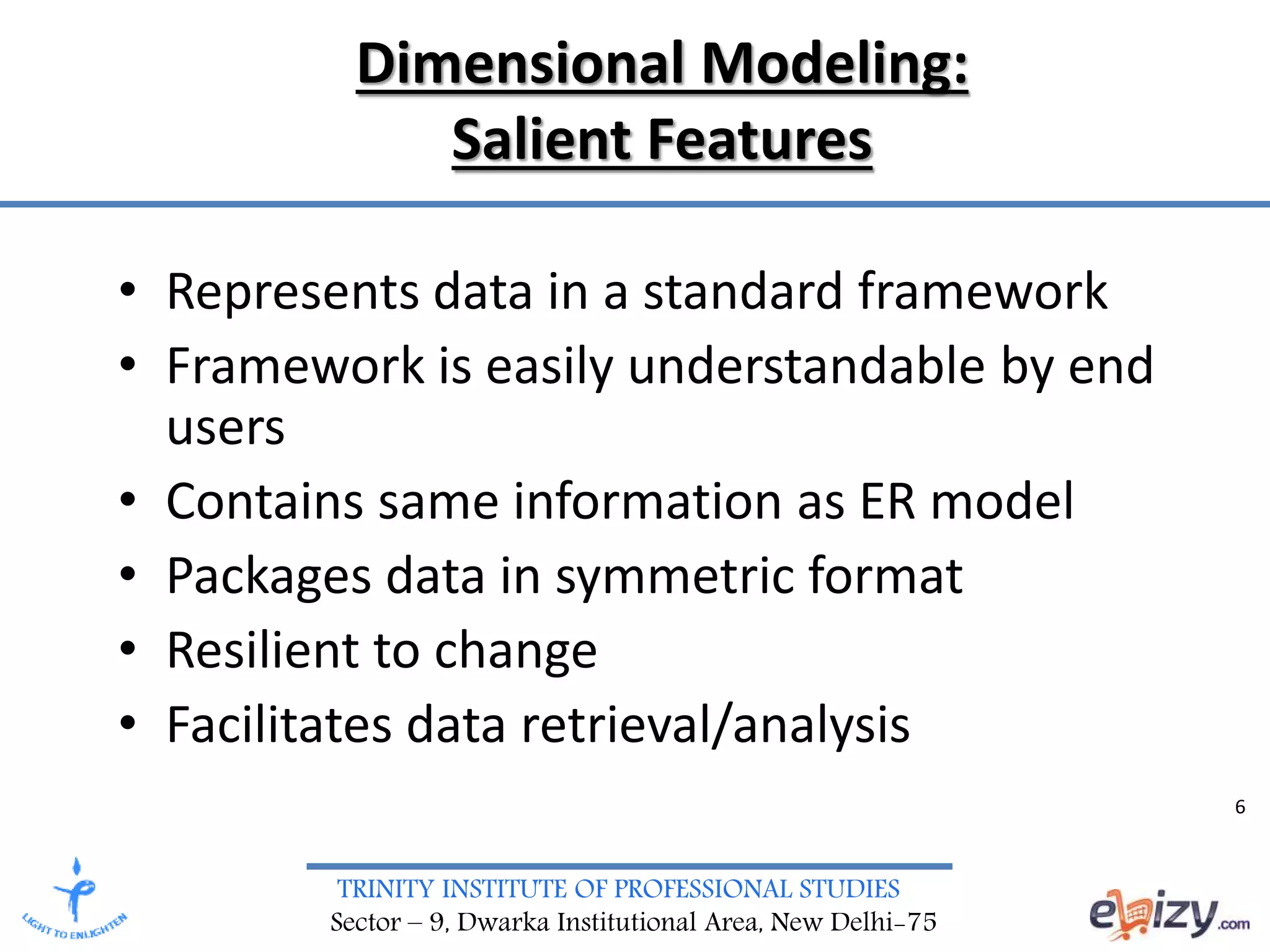 TRINITY INSTITUTE OF PROFESSIONAL STUDIES
Sector – 9, Dwarka Institutional Area, New Delhi-75
Dimensional Modeling:
Salient Features
• Represents data in a standard framework
• Framework is easily understandable by end
users
• Contains same information as ER model
• Packages data in symmetric format
• Resilient to change
• Facilitates data retrieval/analysis
6
 