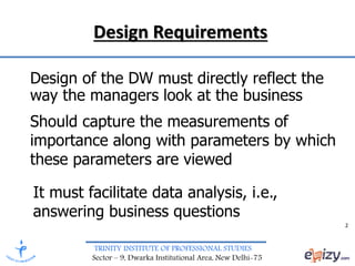 TRINITY INSTITUTE OF PROFESSIONAL STUDIES
Sector – 9, Dwarka Institutional Area, New Delhi-75
Design Requirements
Design of the DW must directly reflect the
way the managers look at the business
2
Should capture the measurements of
importance along with parameters by which
these parameters are viewed
It must facilitate data analysis, i.e.,
answering business questions
 