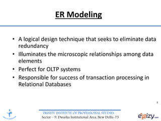 TRINITY INSTITUTE OF PROFESSIONAL STUDIES
Sector – 9, Dwarka Institutional Area, New Delhi-75
ER Modeling
• A logical design technique that seeks to eliminate data
redundancy
• Illuminates the microscopic relationships among data
elements
• Perfect for OLTP systems
• Responsible for success of transaction processing in
Relational Databases
3
 