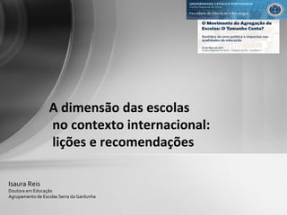A dimensão das escolas no contexto internacional: lições e recomendações Isaura Reis Doutora em Educação Agrupamento de Escolas Serra da Gardunha 