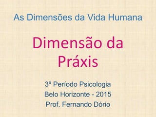 As Dimensões da Vida Humana
Dimensão da
Práxis
3º Período Psicologia
Belo Horizonte - 2015
Prof. Fernando Dório
 