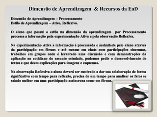 Dimensão de Aprendizagem & Recursos da EaD
 