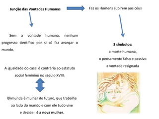 A igualdade do casal é contrária ao estatuto
social feminino no século XVIII.
Blimunda é mulher do futuro, que trabalha
ao lado do marido e com ele tudo vive
e decide: é a nova mulher.
Junção das Vontades Humanas Faz os Homens subirem aos céus
3 símbolos:
a morte humana,
o pensamento falso e passivo
a vontade resignada
Sem a vontade humana, nenhum
progresso científico por si só faz avançar o
mundo.
 