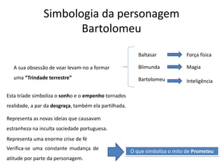 Simbologia da personagem
Bartolomeu
A sua obsessão de voar levam-no a formar
uma “Trindade terrestre”
Baltasar
Blimunda
Bartolomeu
Esta tríade simboliza o sonho e o empenho tornados
realidade, a par da desgraça, também ela partilhada.
Força física
Magia
Inteligência
Representa as novas ideias que causavam
estranheza na inculta sociedade portuguesa.
Representa uma enorme crise de fé
Verifica-se uma constante mudança de
atitude por parte da personagem.
O que simboliza o mito de Prometeu
 