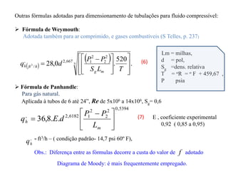 Outras fórmulas adotadas para dimensionamento de tubulações para fluido compressível:
 Fórmula de Weymouth:
Adotada também para ar comprimido, e gases combustíveis (S Telles, p. 237)
 
  .
520
.
0
,
28 2
2
2
2
1
667
,
2
/
,
3















 

T
L
S
P
P
d
q
m
g
h
ft
h
Lm = milhas,
d = pol,
Sg =dens. relativa
T = oR = o F + 459,67 ,
P psia
 Fórmula de Panhandle:
Para gás natural.
Aplicada à tubos de 6 até 24”, Re de 5x106 a 14x106, Sg= 0,6
5394
,
0
2
2
2
1
6182
,
2
,
.
.
8
,
36 




 

m
h
L
P
P
d
E
q E , coeficiente experimental
0,92 ( 0,85 a 0,95)
,
h
q = ft3/h – ( condição padrão- 14,7 psi 60º F),
Obs.: Diferença entre as fórmulas decorre a custa do valor de adotado
f
Diagrama de Moody: é mais frequentemente empregado.
(6)
(7)
 