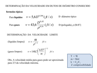DETERMINAÇÃO DA VELOCIDADE EM DUTOS DE DIÂMETRO CONHECIDO
formulas típicas
Para líquidos )
/
(
6
,
5 304
,
0
s
ft
D
v  D diâmetro típico
Para gases )
/
(
6
,
43 16
,
0
45
,
0
s
ft
D
v

 D (polegada), ρ (lb/ft3)
DETERMINAÇÃO DA VELOCIDADE LIMITE
Obs. A velocidade média para gases pode ser aproximada
para 2/3 da velocidade máxima.
T = oR
m = Mol
k = Cp/Cv
Z compressibilidade
2
/
1
7
,
148 






m
kZT
v s
ft/
3
/
1
48


v s
ft/
(líquidos limpos)
(gases limpos):
 