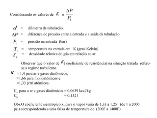 = diferença de pressão entre a entrada e a saída da tubulação
Considerando os valores de e
K
1
P
P

= diâmetro da tubulação.
d
P

1
P = pressão na entrada (bar)
1
T = temperatura na entrada em K (grau Kelvin)
g
S = densidade relativa do gás em relação ao ar
Observar que o valor de ( coeficiente de resistência) na situação tratada refere-
se a regime turbulento
K
≈ 1,4 para ar e gases diatômicos,
≈1,66 para monoatômicos e
≈1,33 p/tri atômicos.
Cv para o ar e gases diatômicos = 0,0639 kcal/kg
Cp = 0,1321
Obs.O coeficiente isentrópico k, para o vapor varia de 1,33 a 1,25 (de 1 a 2000
psi) correspondendo a uma faixa de temperatura de (300F a 1400F).

 