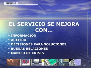 EL SERVICIO SE MEJORA
        CON...
*   INFORMACIÓN
*   ACTITUD
*   DECISIONES PARA SOLUCIONES
*   BUENAS RELACIONES
*   MANEJO DE CRISIS


                                 30
 