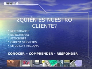¿QUIÉN ES NUESTRO
             CLIENTE?
*   NECESIDADES
*   EXPECTATIVAS
*   PETICIONES
*   ORDENA SERVICIOS
*   SE QUEJA Y RECLAMA


CONOCER – COMPRENDER - RESPONDER


                                   31
 