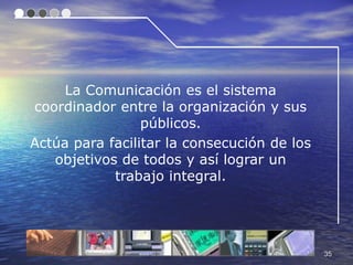 La Comunicación es el sistema
coordinador entre la organización y sus
                 públicos.
Actúa para facilitar la consecución de los
   objetivos de todos y así lograr un
            trabajo integral.




                                             35
 