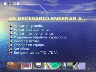 ES NECESARIO ENSEÑAR A...
 Pensar en grande.
 Pensar creativamente.
 Pensar inteligentemente.
 Proponerse objetivos específicos.
 Decidir y actuar.
 Trabajar en equipo.
 Ser eficaz.
 Ser gerentes de “YO LTDA”.



                                     44
 