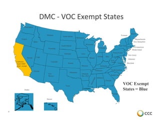 18
DMC - VOC Exempt States
Washington
Oregon
California
Each AMD
must exempt
Nevada
Idaho
Utah
Arizona
Montana
Texas
New
Mexico
Colorado
Wyoming
Nebraska
Oklahoma
Kansas
North Dakota
South Dakota
Wisconsin
Minnesota
Iowa
Missouri
Arkansas
Dec. 2012
Louisiana
Indiana
Illinois
Ohio
Kentucky
Alabama
Florida
Georgia
South Carolina
North Carolina
Virginia
West
Virginia
Maryland
Delaware
Pennsylvania
Maine
Vermont
Rhode Island
New York
New Jersey
Massachusetts
Connecticut
New Hampshire
Michigan
Alaska
Hawaii
Tennessee
VOC Exempt
States = Blue
 