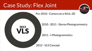 Case Study: Flex Joint
Pre-2010 - Camera on a Stick, 2D

2013

VLS

2010 - 2011 - Stereo Photogrammetry

2011 - I-Photogrammetry

2012 - VLS Concept

 