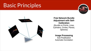 Basic Principles
Free Network Bundle
Adjustment with SelfCalibration!
(Bundle on Points, Lines,
Cylinders, Circles, Planes,
Spheres)!
!

Image Processing!
Sub-Pixellisation!
Automatic Correlation!

 