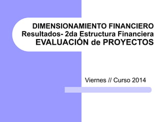 DIMENSIONAMIENTO FINANCIERO 
Resultados- 2da Estructura Financiera 
EVALUACIÓN de PROYECTOS 
Viernes // Curso 2014 
 