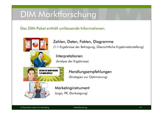 © Deutsches Institut für Marketing Marktforschung 15
DIM Marktforschung
Das DIM-Paket enthält umfassende Informationen.
Zahlen, Daten, Fakten, DiagrammeZahlen, Daten, Fakten, DiagrammeZahlen, Daten, Fakten, DiagrammeZahlen, Daten, Fakten, Diagramme
(1:1-Ergebnisse der Befragung, Übersichtliche Ergebnisdarstellung)
InterpretationenInterpretationenInterpretationenInterpretationen
(Analyse der Ergebnisse)
HandlungsempfehlungenHandlungsempfehlungenHandlungsempfehlungenHandlungsempfehlungen
(Strategien zur Optimierung)
MarketinginstrumentMarketinginstrumentMarketinginstrumentMarketinginstrument
(Logo, PR, Danksagung)
 