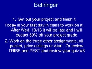 Bellringer
1. Get out your project and finish it
Today is your last day in class to work on it.
After Wed. 10/16 it will be late and I will
deduct 30% off your project grade
2. Work on the three other assignments, oil
packet, price ceilings or Atari. Or review
TRIBE and PEST and review your quiz #3

 