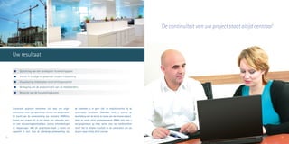 Oplevering van een strategisch huisvestingsplan
	 Inzicht in huidige en gewenste situatie huisvesting
	 Visualisering vlekkenplan en inrichtingsvoorstel
	 Verhoging van de productiviteit van de medewerkers
	 Reductie van de huisvestingskosten
Uw resultaat
10 11
Succesvolle projecten kenmerken zich door een uitge­
balanceerde inzet van specialisten binnen het projectteam.
De kracht van de samenwerking van meerdere DIMIO’ers
binnen een project zit in het delen van relevante ken-
nis over huisvestingsmethodieken, recente ontwikkelingen
en toepassingen. Met dit projectteam haalt u kennis en
capaciteit in huis. Door de jarenlange samenwerking van
de team­leden is er geen tijd- en kwaliteitsverlies bij de
tussentijdse overdracht. Daarnaast heeft u continu de
beschikking over de kennis en kunde van een ervaren project­
leider en wordt uitval geminimaliseerd. DIMIO stelt voor u
een projectteam op maat samen voor een marktconform
tarief. Het te behalen resultaat en de continuïteit van uw
project staan hierbij altijd centraal.
'De continuïteit van uw project staat altijd centraal'
 