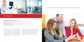 De specialisten van DIMIO zorgen er voor dat uw verhuizing
optimaal verloopt. Van A tot Z. Ze zijn al tientallen jaren
thuis in precies datgene dat u op dat moment nodig heeft:
een praktische, snelle en efficiënte bedrijfsverplaatsing.
De complete coördinatie van de verhuizing kunt u aan
de DIMIO’ers overlaten. U en uw mensen kunnen gewoon
doorwerken en zullen uiteindelijk aangenaam verrast zijn
door het eindresultaat; een nieuwe werkomgeving waarin
alles klopt en functioneert zoals u het wenst. En uw klan-
ten? Die merken er helemaal niets van dat u verhuisd bent.
Totdat u ze uitnodigt voor de (her)opening natuurlijk.
	 Realiseren van bedrijfsverplaatsingen
	 Coördineren van verhuizingen
	 Organiseren van nazorg
	 Borgen van continuïteit
16
Uw resultaat
'Een praktische, snelle en efficiënte bedrijfsverplaatsing'
17
 