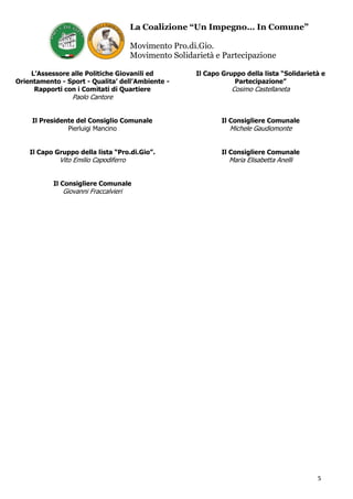 La Coalizione “Un Impegno… In Comune”
Movimento Pro.di.Gio.
Movimento Solidarietà e Partecipazione
5
L’Assessore alle Politiche Giovanili ed
Orientamento - Sport - Qualita’ dell’Ambiente -
Rapporti con i Comitati di Quartiere
Paolo Cantore
Il Capo Gruppo della lista “Solidarietà e
Partecipazione”
Cosimo Castellaneta
Il Presidente del Consiglio Comunale
Pierluigi Mancino
Il Consigliere Comunale
Michele Gaudiomonte
Il Capo Gruppo della lista “Pro.di.Gio”.
Vito Emilio Capodiferro
Il Consigliere Comunale
Maria Elisabetta Anelli
Il Consigliere Comunale
Giovanni Fraccalvieri
 
