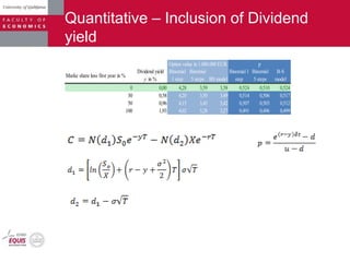 Quantitative – Inclusion of Dividend
yield
Marke share loss first year in %
Dividend yield
y in %
Binomial
1 step
Binomial
5 steps BS model
Binomial 1
step
Binomial
5 steps
B-S
model
0 0,00 4,28 3,59 3,58 0,524 0,510 0,524
30 0,58 4,20 3,50 3,49 0,514 0,506 0,517
50 0,96 4,15 3,43 3,42 0,507 0,503 0,512
100 1,93 4,02 3,28 3,27 0,491 0,496 0,499
Option value in 1.000.000 EUR p
 