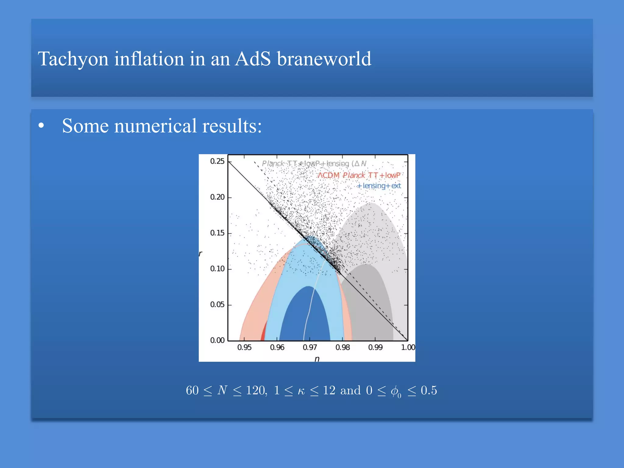Tachyon inflation in an AdS braneworld
• Some numerical results:
0
60 120, 1 12 and 0 0.5N
 