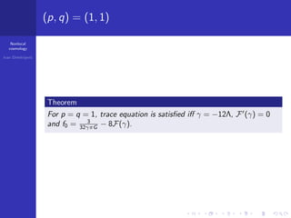 Nonlocal
cosmology
Ivan Dimitrijevi´c
(p, q) = (1, 1)
Theorem
For p = q = 1, trace equation is satisﬁed iﬀ γ = −12Λ, F (γ) = 0
and f0 = 3
32γπG − 8F(γ).
 